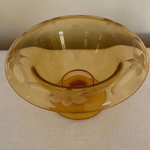 VTG Amber Etched Glass Pedestal Compote
